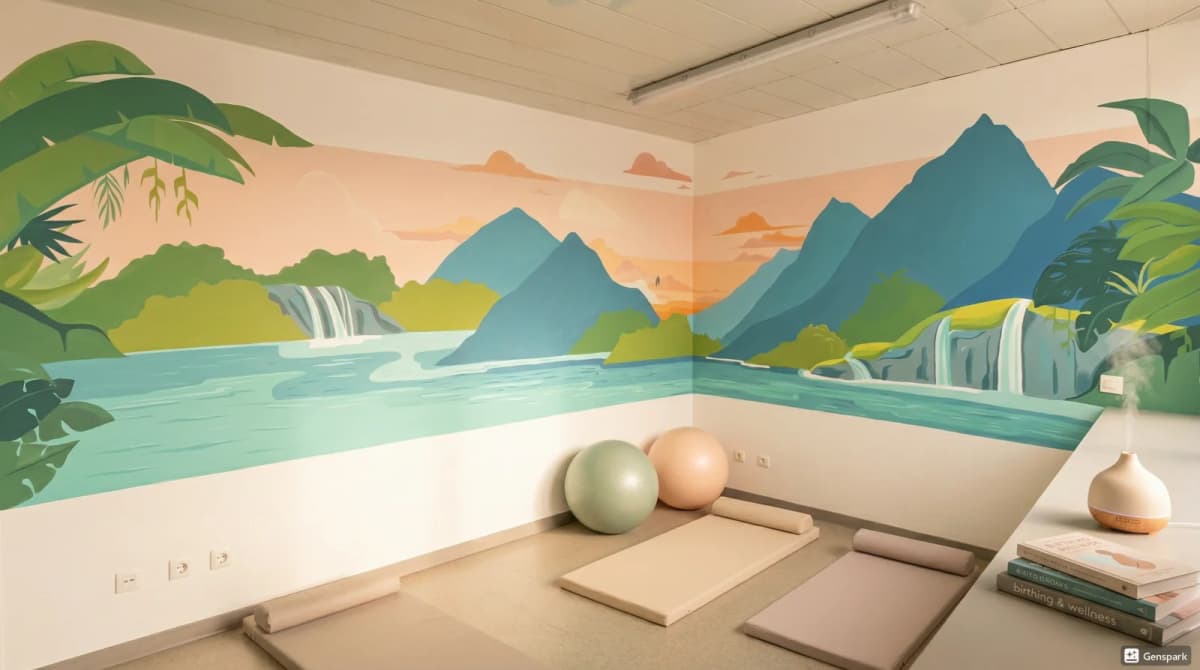 Fresque murale apaisante pour salle d'accouchement du cabinet de sage-femme par Lusea